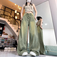 美式复古军绿色牛仔裤女大码新品高腰直筒裤显瘦春秋季阔腿裤子秋