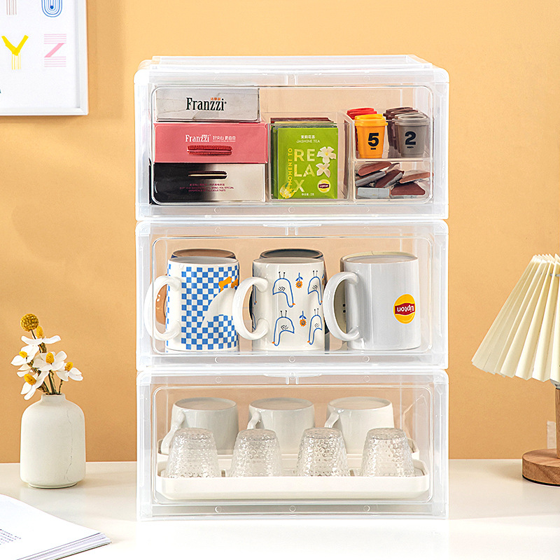 Tabletop flip-top dust-proof cup storage box plastic stackable water cup holder glass cup rack tea bag storage