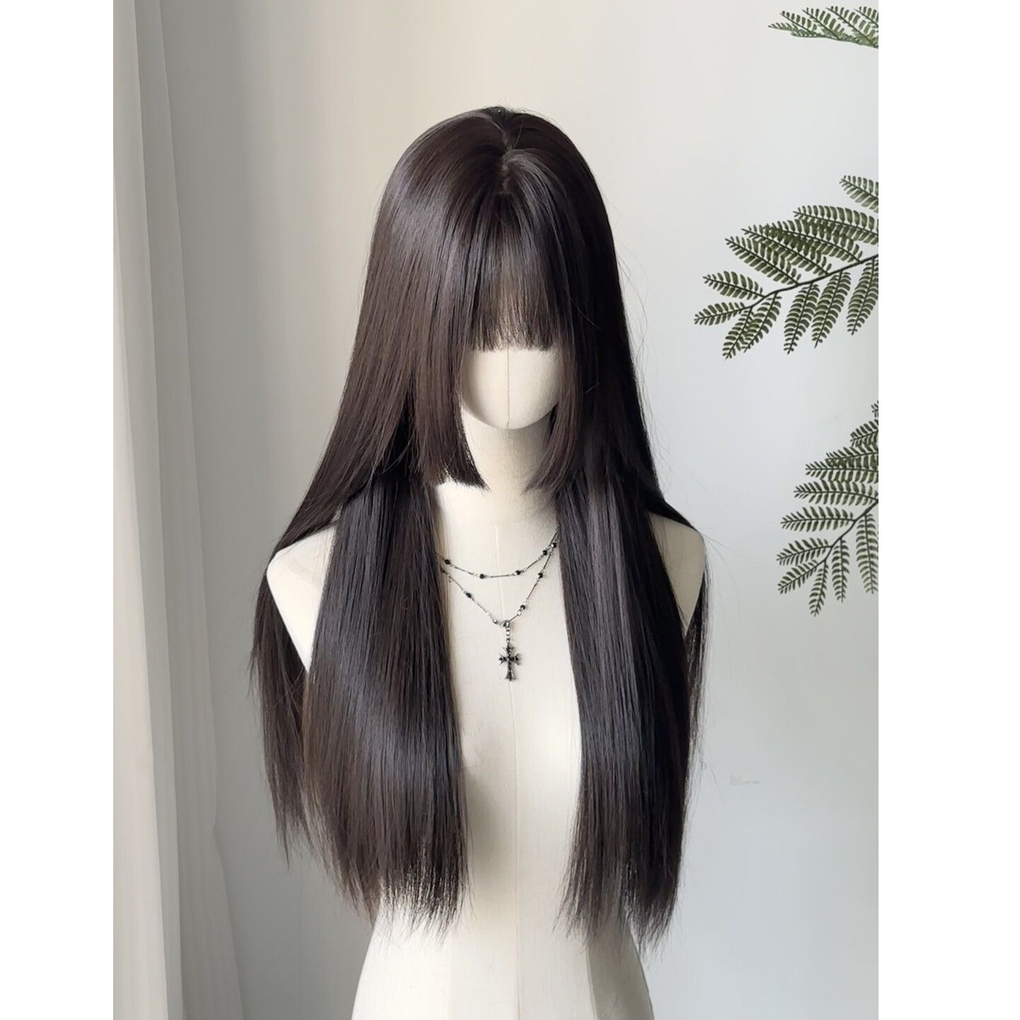 Connie Wig [Princess Cut] No-need Hair Net Langt Lige Brun-Sort Hår Daglig Naturlig Topper