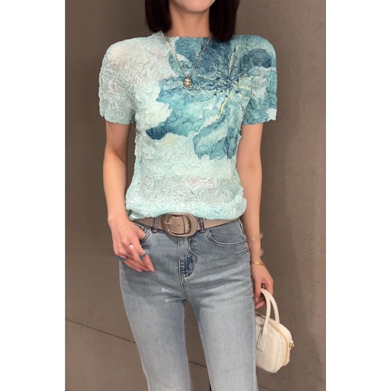 Summer All-match Pleated Thin Short-sleeved Top Slim-fit Slimming Stretch Casual T-shirt Fashionable All-match Base Small Shirt Summer All-match Pleated Thin Short-sleeved Top Slim-fit Slimming Stretch Casual T-shirt Fashionable All-match Base Small Shirt
