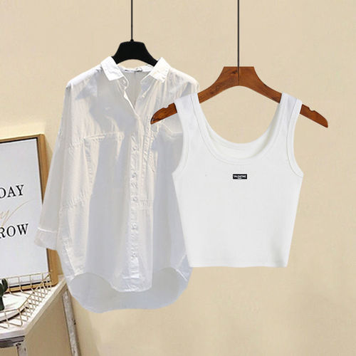 Summer Set Women's 2025 New Stylish Plus Size Shirt Top with Straps and Denim Skirt Three-Piece Set