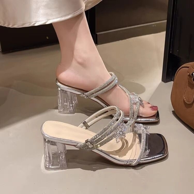 Fashionable Rhinestone Sexy High-Heeled Slippers for Women 2026 Summer New Style Bowknot Crystal Chunky Heel Matching Dress Sandals Fashionable Rhinestone Sexy High-Heeled Slippers for Women 2026 Summer New Style Bowknot Crystal Chunky Heel Matching Dress Sandals