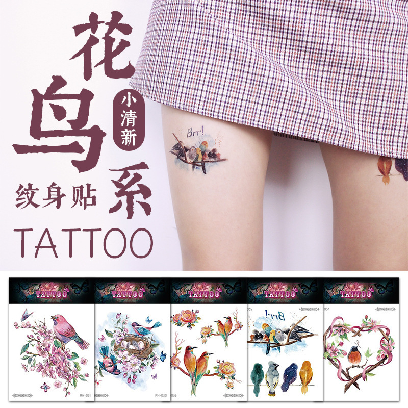 Tattoo stickers flowers birds colorful small fresh high-end arm clavicle temporary waterproof long-lasting cross-border in stock