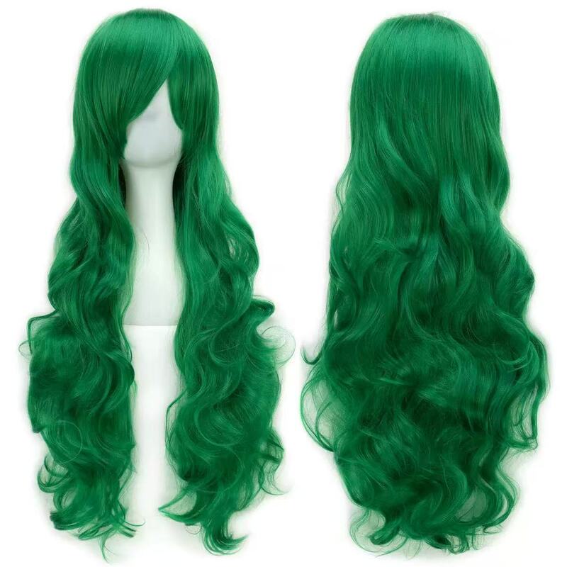 European and American Wig Big Wave Green Oblique Bangs Long Curly Hair Green Red Wig Cross-Border E-Commerce