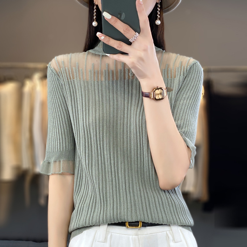 Worsted Wool Half Turtleneck Lace Splicing Short-Sleeved T-Shirt for Women 2025 New Mesh Bottoming Shirt Cut Out Knitwear