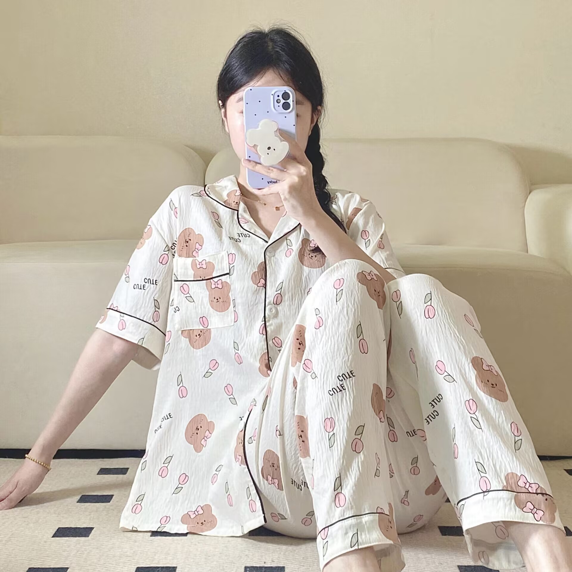 Verano nuevo pijama de amor mujer adorable oso simple ocio delgado nubes algodón ropa doméstica dos piezas conjunto al por mayor