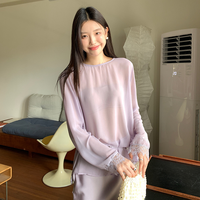 Qifan パープルフレンチジェントルラウンドネックレースステッチ長袖日焼け止めシャツレディース薄手ブラウストップ 86051|undefined