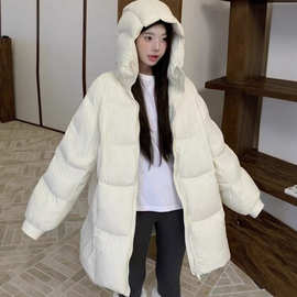 韩系泡芙中长款白色棉服女2025冬新款宽松加厚连帽面包服棉衣外套