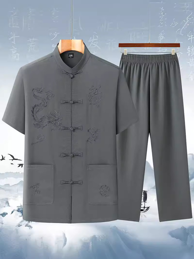 夏季唐装男装衬衫中国风爷爷短袖中老年汉服老人衣服爸爸套装