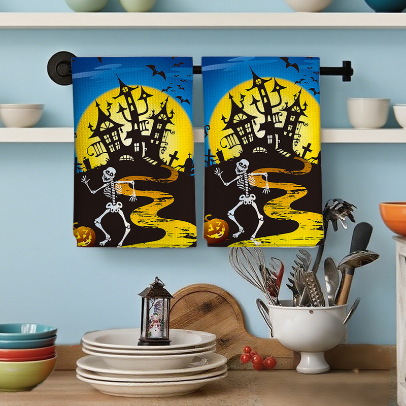 Cross-Border New Funny Halloween Large Waffle Towel Kitchen Bathroom Holiday Decoration Strong Absorbent Hand Towel