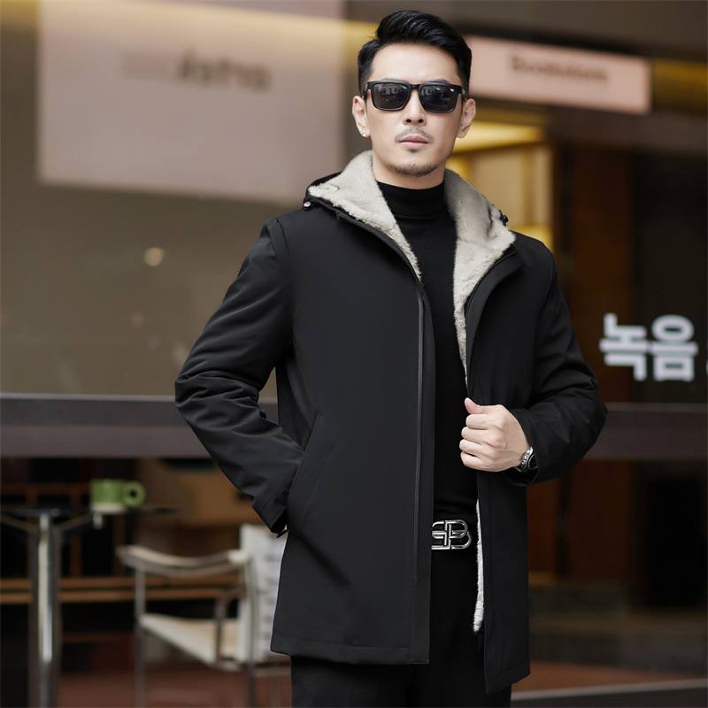 브랜드 남성 파커 의류 실버 세이블 라이너 2024 겨울 중년 비즈니스 캐주얼 두꺼운 따뜻한 후드 재킷