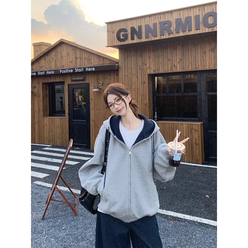 Korean Hooded Long-Sleeved Contrast Sweatshirt for Women 2025 Autum New Loose Gray Design Zipper Jacket Top