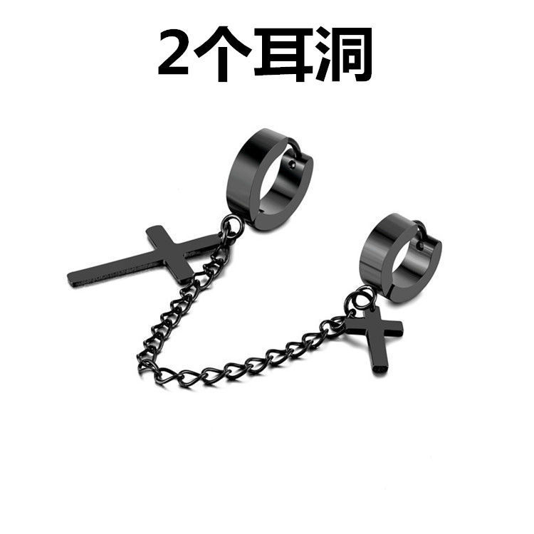 A 크로스 귀 버클 + 귀 뼈 버클 (2 귀 구멍) 블랙