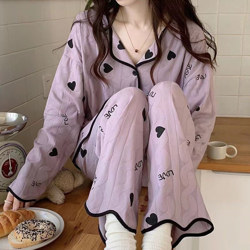 パジャマ女子春秋タイプ2025長袖ネット紅風秋紫大サイズゆるい家庭服セット秋冬|undefined