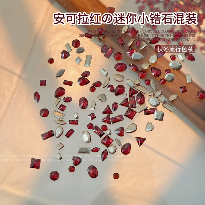 Ancora Red Inverted Edge Zircon Mixed Nail Art Jewelry New Year Dark Red Flat Bottom Drill small size Shaped Nail Drill Ornaments