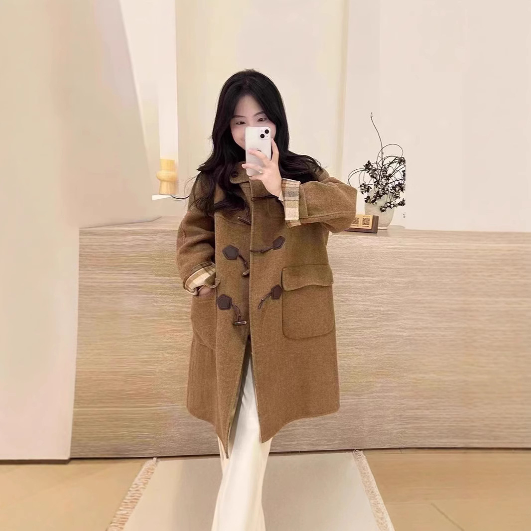 [루스 같은 스타일] 작은 여성을위한 겨울 다크 브라운 베어 격자 무늬 복고풍 양면 양모 코트