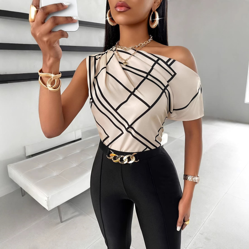 In-Stock Cross-Border Amazon Independent Site Foreign Trade European and American Plaid Print Asymmetrical Shoulder Shirt One-Shoulder Top