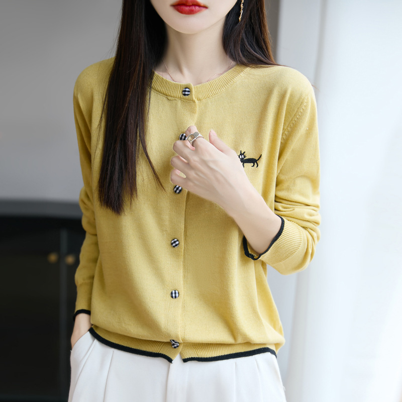 春秋新款小香风圆领针织开衫女长袖拼色刺绣小狗女装毛衣外套上衣|undefined