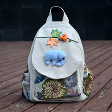 国风特色布艺双肩包多隔层轻便休闲帆布背包手工编织立体文艺女包