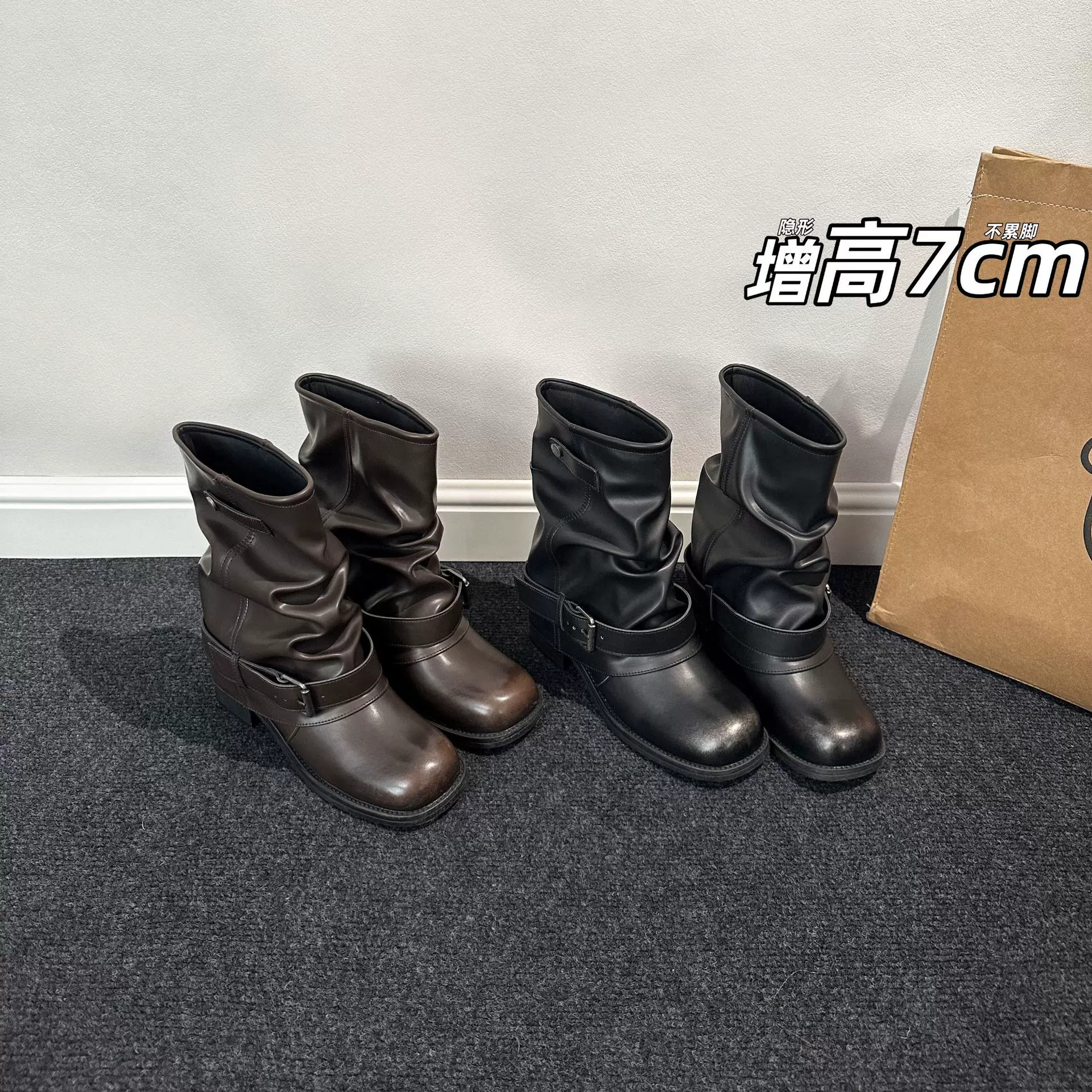 增高7公分皮带扣中筒骑士靴女2025秋新款暗黑风美拉德粗跟裤管靴