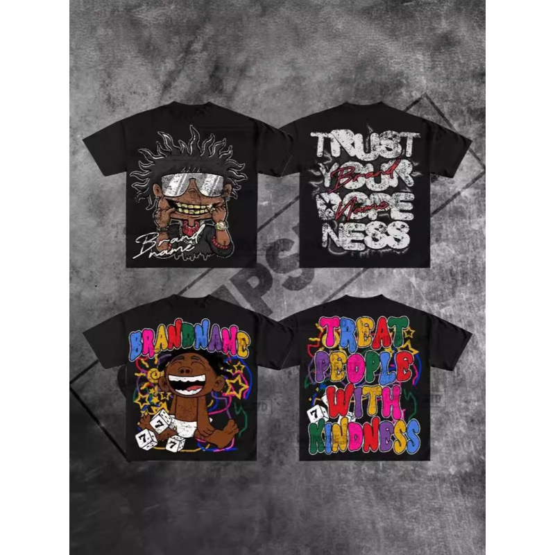 American Cartoon Graphic T-Shirt, Gray Plaster Gothic 3S Printed T-Shirt, Couple Y2K Korean Gothic Men's Clothing