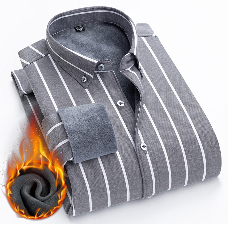 Autumn and Winter Men's Velvet Thickeneded Long-Sleeved Shirt Oxford Textile Warm Shirt Embroidered Top Logo Men's Clothing Wholesale