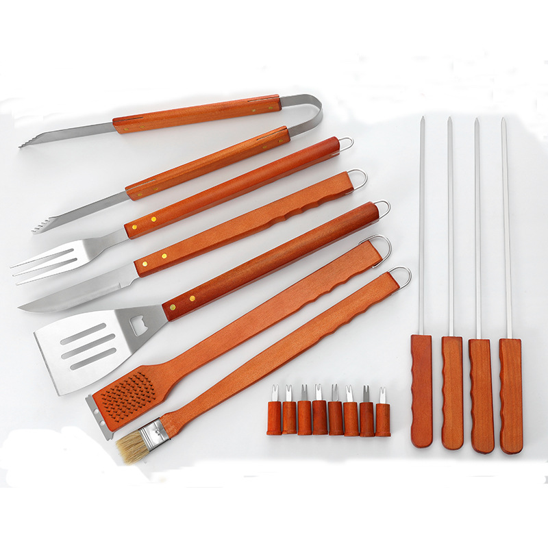 Juego de Parrilla para Barbacoa de Acero Inoxidable, Portátil, con Estuche de Plástico y Mango de Madera, 18 Piezas, para Acampar al Aire Libre