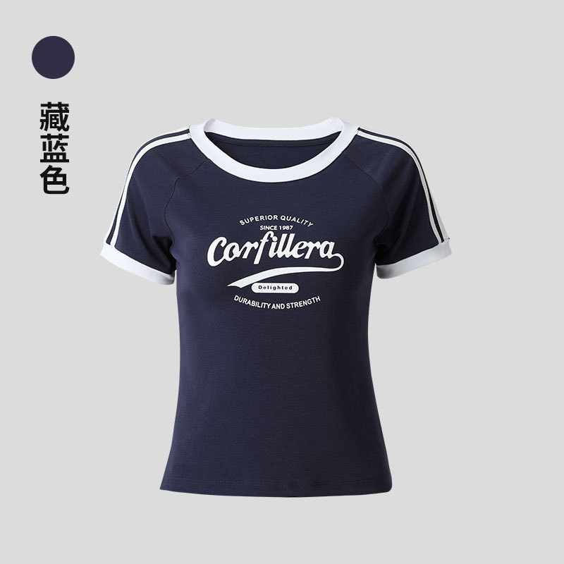 美式三杠条纹短袖印花恤女复古薄款甜辣夏季新款正肩短款上衣|undefined