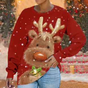 2023 cross-border autumn and winter hot selling Christmas 3D round neck sweater elk printed long sleeve sweater women's factory straight hair
