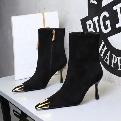 1763-A2 European and American style slim heel high-heeled fashion boots black suede metal small pointed side zipper slim boots for women