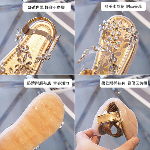 Girls Sandals 2024 New Summer Style Crystal Shoes Soft Sole Baby Shoes Children's Princess Shoes Open Toe