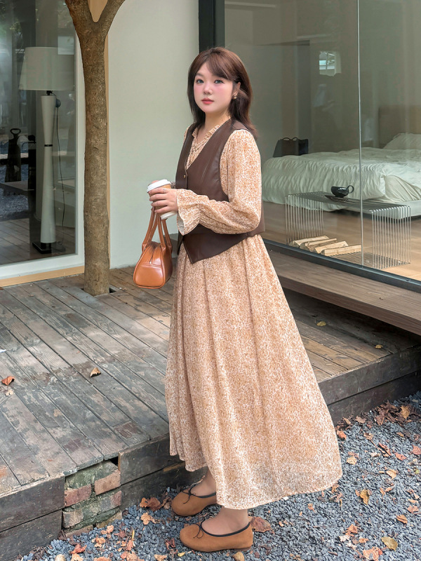 茶歇法式碎花裙两件套2025秋新款大码女装咖色马甲套装313032T21|undefined