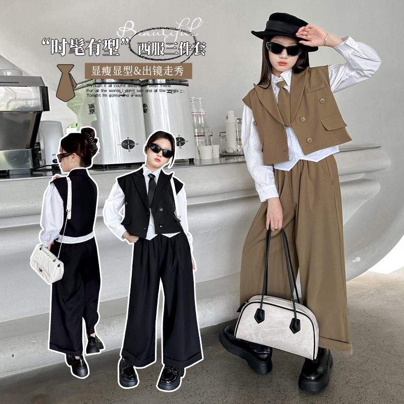 Girls' New Autumn Clothing Fashion 2025 New Korean Style Girls Fashionable Internet Celebrity Long-Sleeved Suit Vest Pants Suit