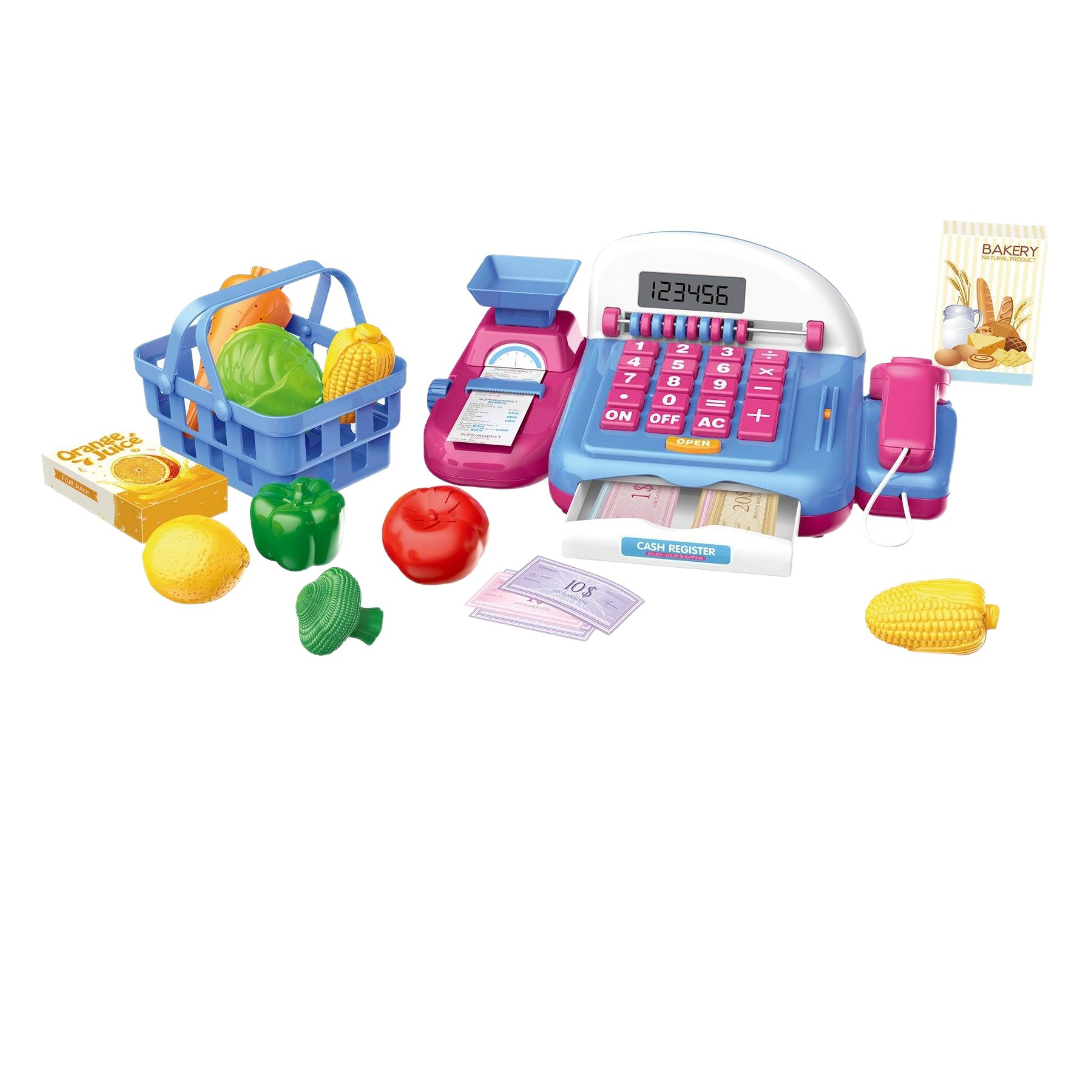 Simulación transfronteriza de supermercado infantil caja registradora de compras juegos de bebidas de frutas y verduras escanear tarjeta deslizante caja registradora juguetes caseros