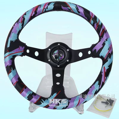 Factory Direct Sales Car Modification 13inch Genuine Leather Steering Wheel Hks Embroidery Large Concave Racing Universal Steering Wheel 320mm (Steering wheel) - 13inch-embroidered-concave-steering-wheel