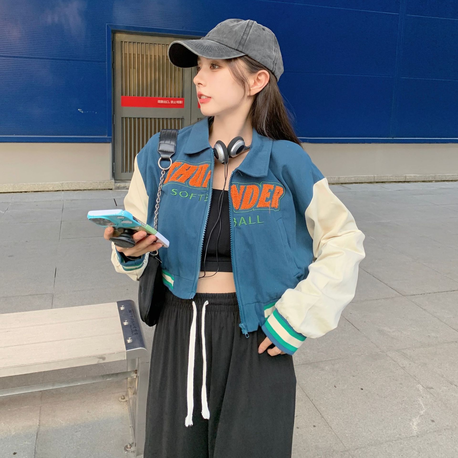 外贸虾皮美式复古辣妹短款vintage棒球服设计感小众夹克长袖外套