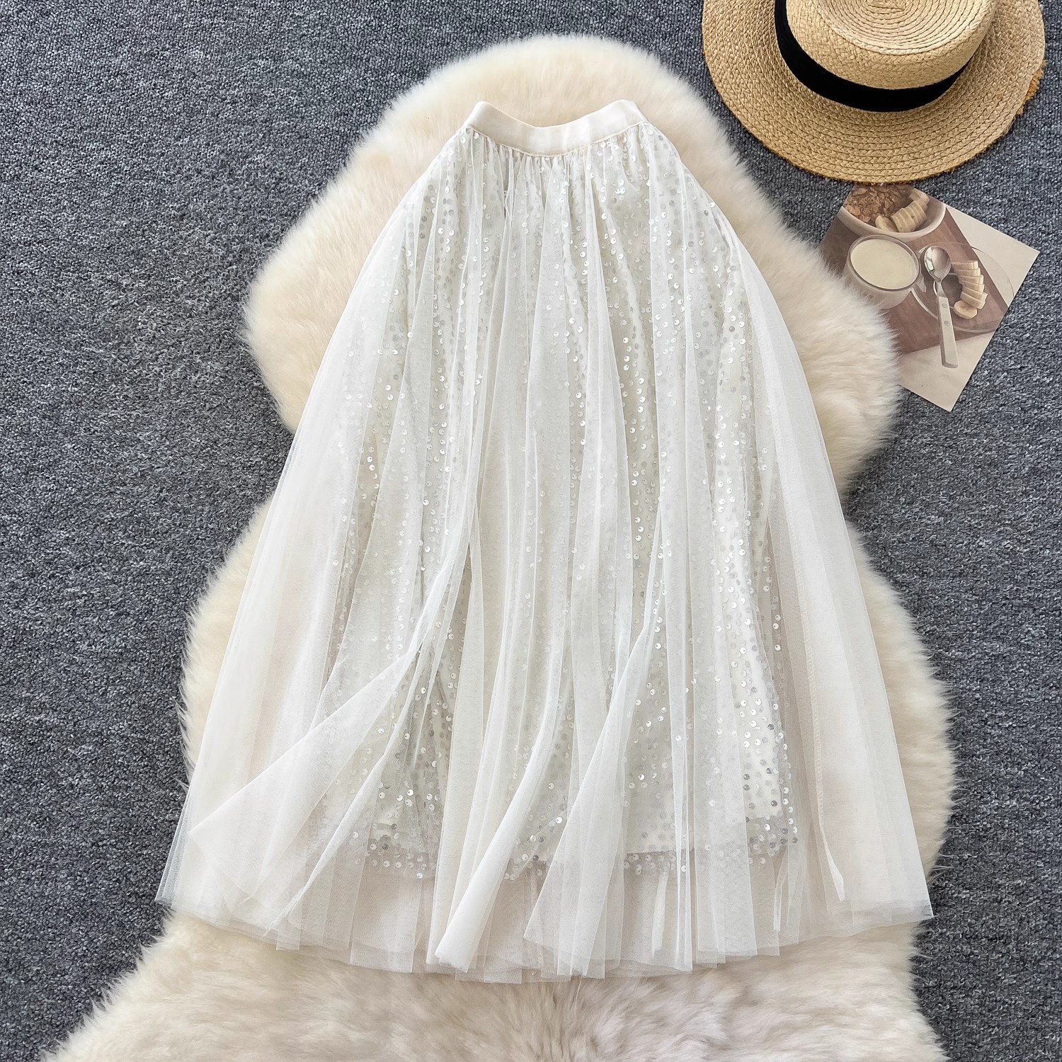 Women's Clothing Fairy Mesh Skirt Winter Elastic Waist Slimming Medium Sequin Velvet Splicing A Line Skirt_voghion.com