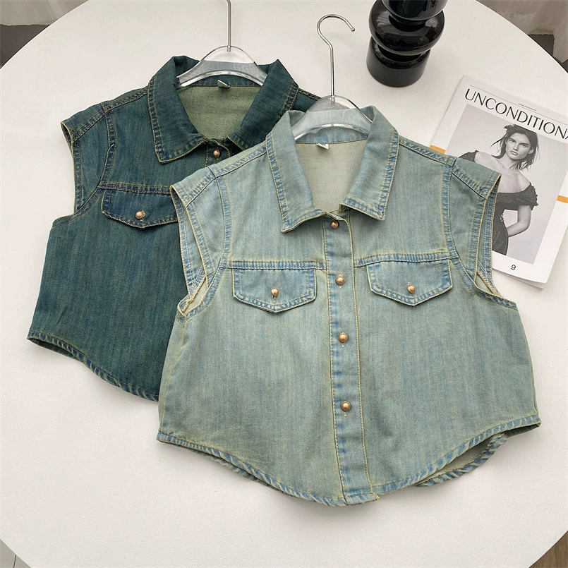 Тонкий джинсовый жилет с платьем женский короткий летний 2024 новый маленький человек с плечом на плече