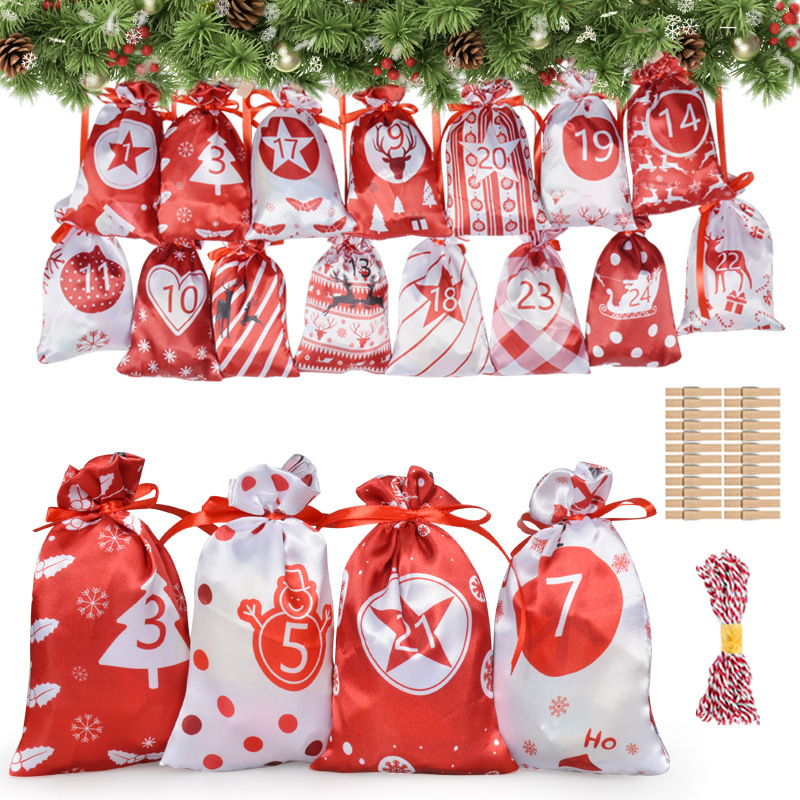 New 2023 Cross-border Christmas Countdown Calendar Satin Bag Party Small Fabric Bag Gift for Children