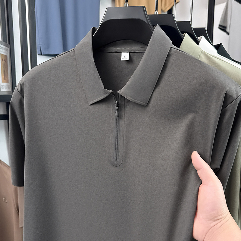 Summer New Style Ice Silk Quick-Drying Polo Shirt for Men, Short-Sleeved, Lapel, Half-Zip, Breathable, Sports Casual, Thin, High-End Feel