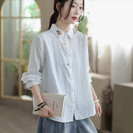 双层棉纱衬衫 2025秋季新款 刺绣太阳花白衬衣女文艺上衣25616