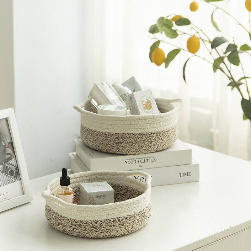 Caja de almacenamiento de escritorio cesta de almacenamiento caja de almacenamiento de cosméticos cesta de almacenamiento de hilo de algodón tejida a mano algodón suave redondo azul