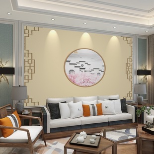 Warm modern new Chinese style round imitation Plaid TV background wall paper Net red flame retardant decorative Zen mural wall cloth