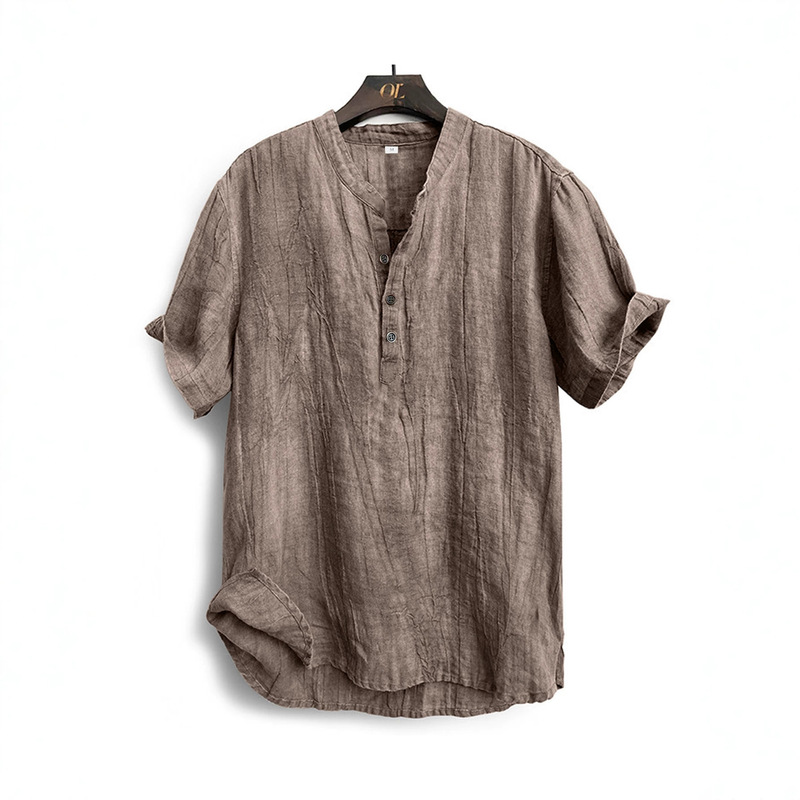 Men's Summer Casual Henley Shirt, Old Money Style, Thin Stand-Up Collar Short-Sleeve T-Shirt, Vintage Crinkled Ramie Pullover Men's Wear