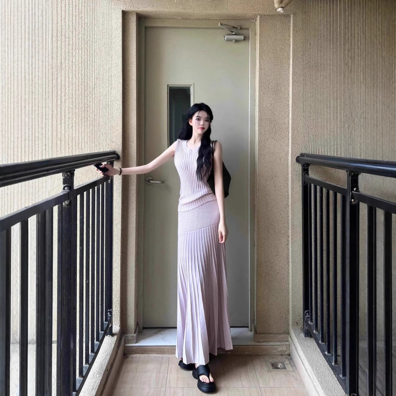 Pure Desire Purple Sleeveless Slim Vest Top Women's Summer High Waist Pit Strip Sexy Hot Girl Hip Covering Long Skirt Two-Piece Set