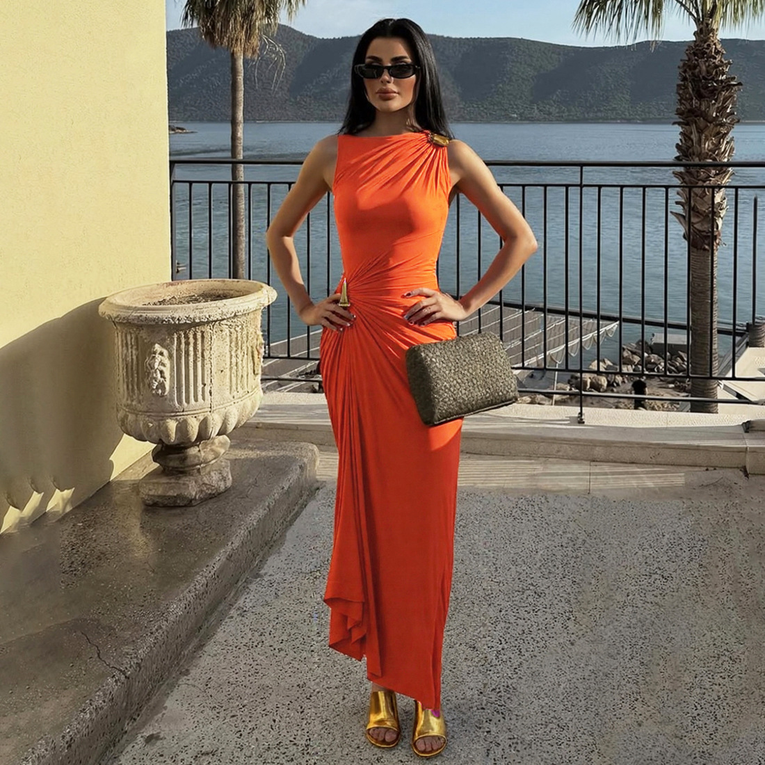 2025 nuevo estilo europeo y americano transfronterizo ropa de mujer moda sexy delgado metal decorativo bolso cadera plisado vestido sin mangas mujeres image 7