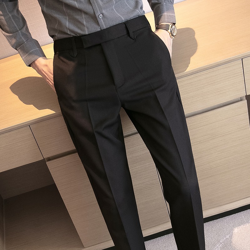 Pantalones de traje de los hombres británicos de Yupi Brown de alto grado ruffle guapo pantalones de traje de negocios formales de verano Pantalones de drapeado flaco
