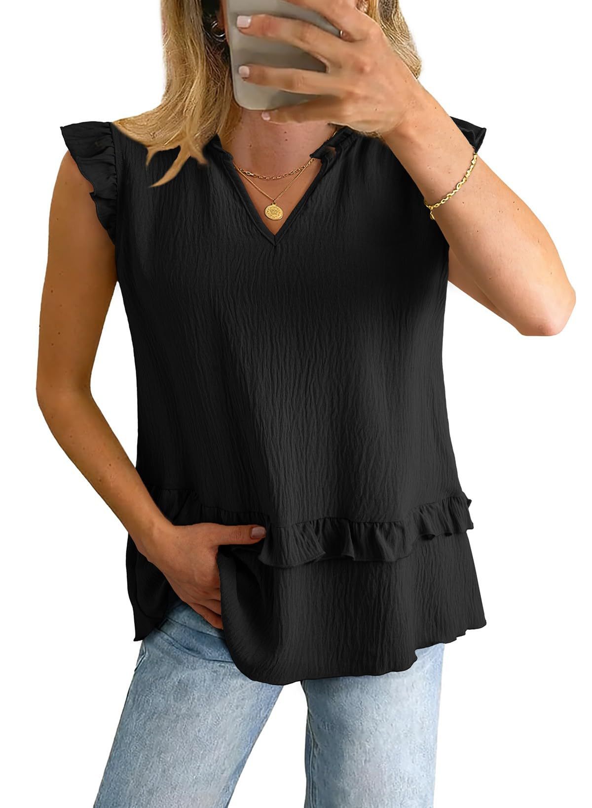 Women's Sleeveless V-Neck Blouse With Ruffle Trim, Flowy Relaxed Fit Casual Shirt For Summer ​Versatile And Easy To Wear_ecoleips.com