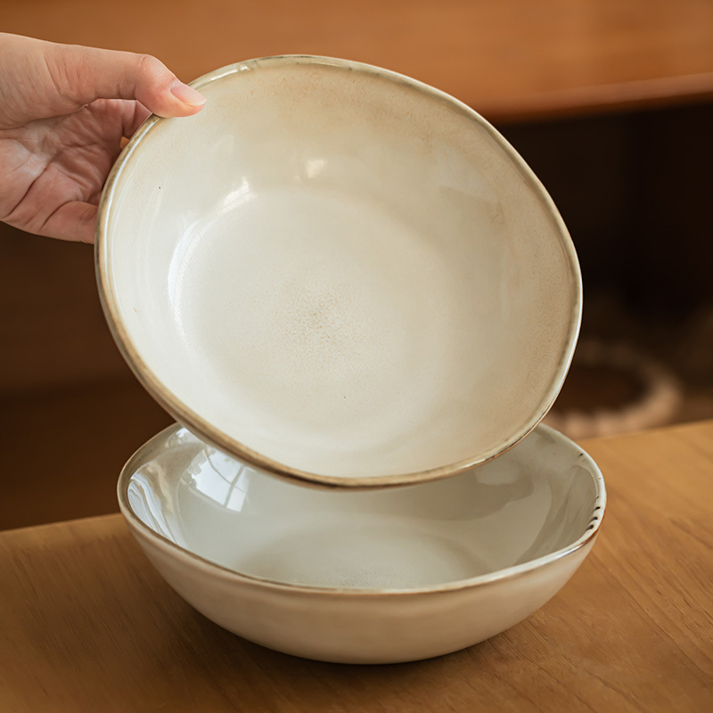 Tazón abierto de cerámica con trazo de estilo retro japonés Tazón de verduras para el hogar Tazón de fideos brillantes Tazón de ensalada Tazón de sopa Vajilla simple Tazón grande