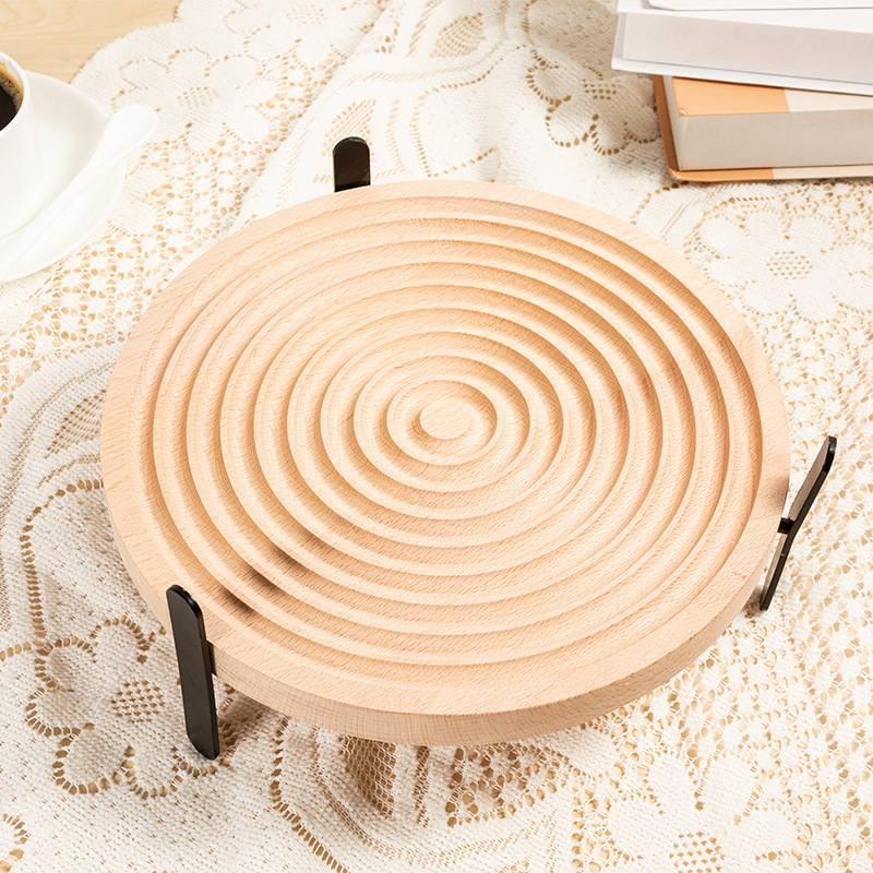 Plato redondo de madera para pan, plato para aperitivos de té de la tarde, plato decorativo para fotografía, plato para tartas con diseño de ondas de estilo nórdico, soporte para postres